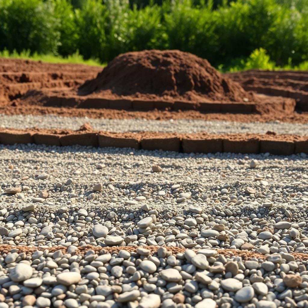 A well-organized gravel drain field, the foundation of a resilient septic system. In the foreground, layers of smooth, washed gravel glisten under the warm, natural lighting, creating a textured, three-dimensional landscape. The middle ground features a gentle mound of earth, meticulously sculpted to promote proper drainage. In the background, a lush, verdant backdrop of native flora sets the scene, hinting at the harmonious integration of the system with the surrounding environment. The overall composition conveys a sense of order, functionality, and attention to detail, perfectly suited to illustrate the "Creating a Stable Drain Field with Gravel and Fabric" section of the article.