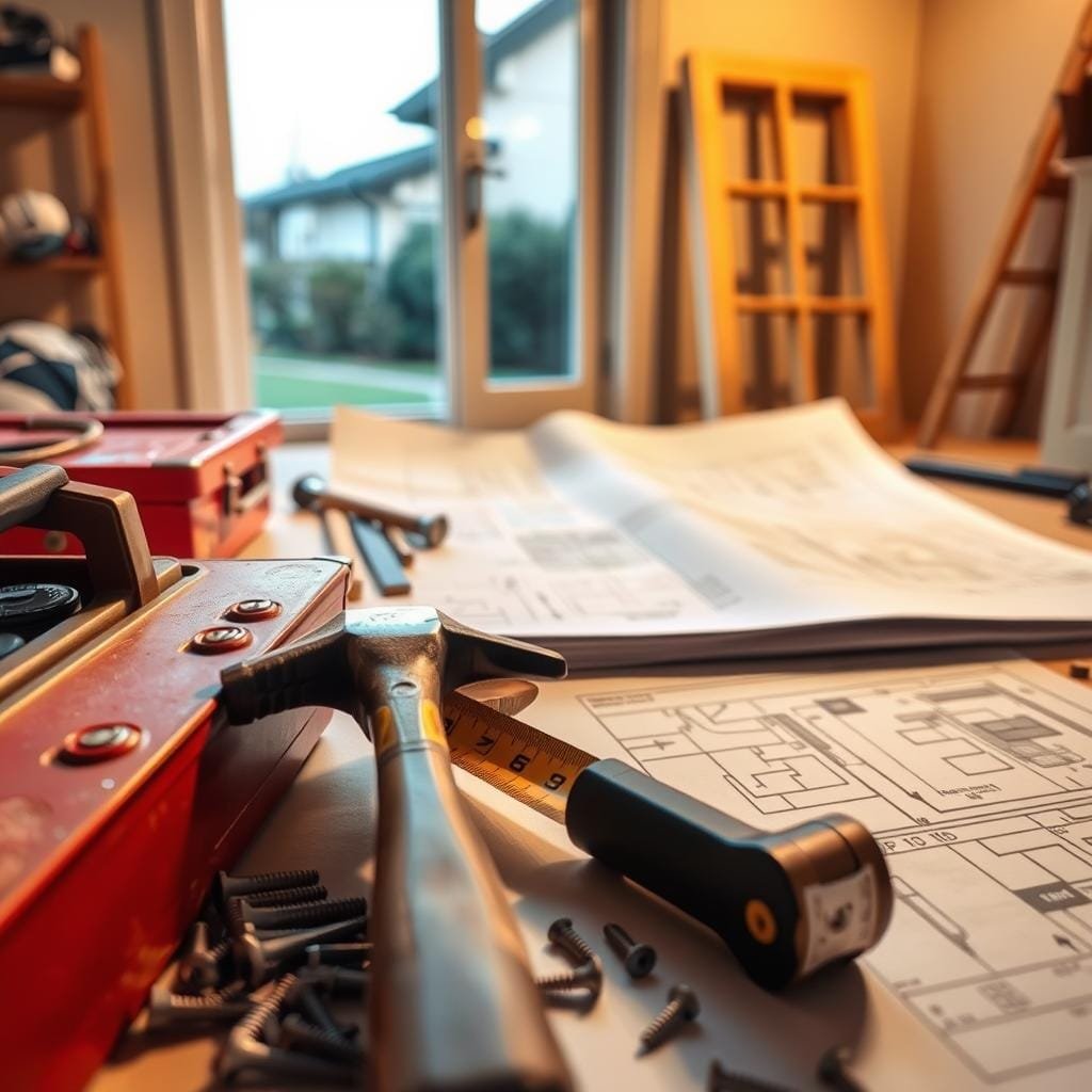 A well-organized home improvement project starts with key considerations. In the foreground, a workspace with essential tools - a toolbox, hammer, tape measure, and various screws. In the middle ground, architectural plans and sketches laid out, representing the planning stage. In the background, a window frame and exterior walls, hinting at the window installation project. The lighting is warm and inviting, creating a sense of focused productivity. The angle captures the various elements in a balanced, visually appealing composition, conveying the importance of thorough preparation before embarking on a DIY home improvement endeavor.