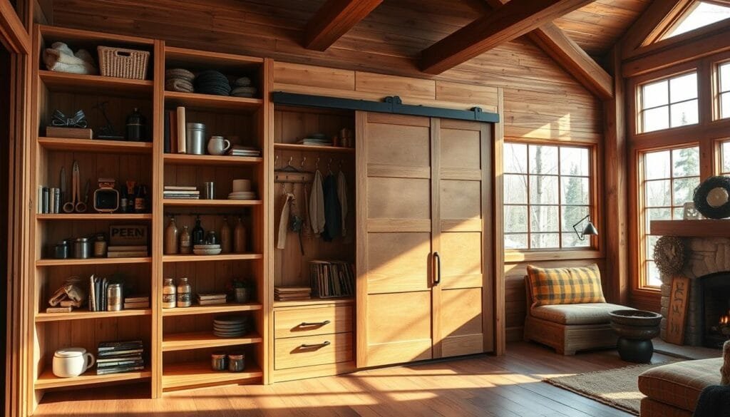 A well-organized, multi-functional storage system in a modern off-grid cabin interior. In the foreground, an elegantly designed wooden shelving unit with various compartments, cubbies, and hooks for storing essential supplies, tools, and decorative accents. The middle ground features a sliding door system that seamlessly integrates additional hidden storage spaces. Warm, natural lighting from large windows illuminates the space, casting a cozy, inviting atmosphere. The background showcases the cabin's rustic, earthy elements, such as exposed beams and a stone fireplace, creating a harmonious blend of form and function. The overall design showcases innovative solutions for maximizing storage and living space in an off-grid living environment.