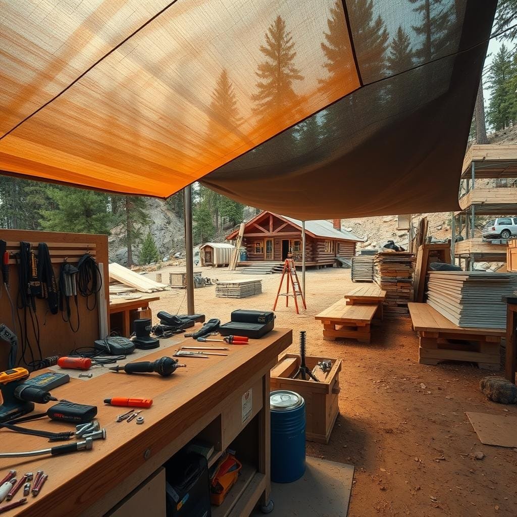 A well-organized remote construction site with a temporary workshop setup. In the foreground, a sturdy workbench equipped with power tools, fasteners, and supplies. Nearby, a sheltered area with a tarp-covered roof and wooden benches, creating a makeshift workspace. In the middle ground, stacks of building materials, neatly organized and accessible. In the background, the remote cabin site, surrounded by towering pine trees and rugged terrain, emphasizing the secluded and off-the-grid nature of the location. Warm, natural lighting illuminates the scene, creating a productive and efficient atmosphere. A wide-angle lens captures the entire setup, showcasing the careful planning and attention to detail required for successful remote construction projects.