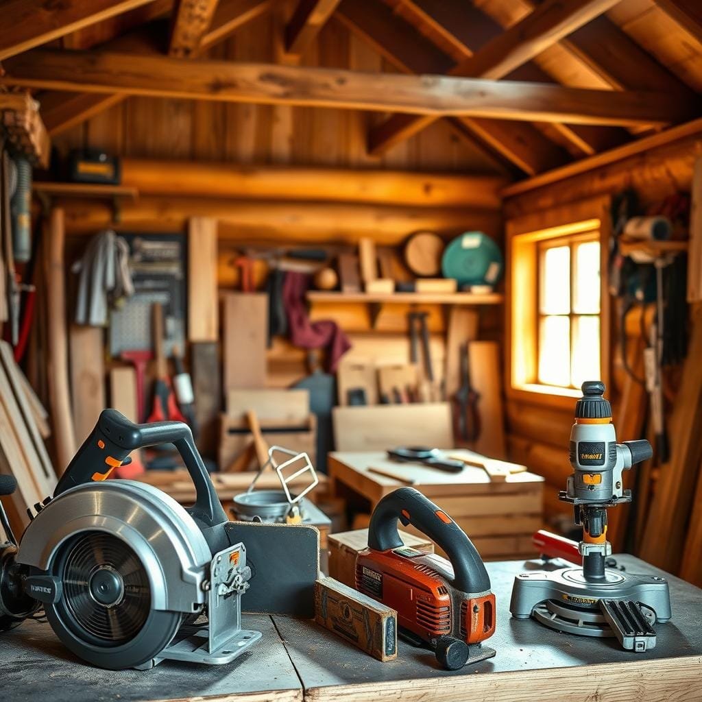 A well-organized woodworking shed, basked in warm, natural lighting. The foreground showcases a carefully curated selection of saws - a powerful circular saw, a sturdy chainsaw, and a versatile jigsaw. Their blades glint under the soft illumination, conveying a sense of craftsmanship and precision. In the middle ground, various carpentry tools and hardware complement the saws, creating an inviting workspace. The background features the rustic, wooden walls and beams of a cozy cabin, hinting at the projects these tools will undertake. The overall scene emanates a feeling of productivity, functionality, and the joy of cabin construction.