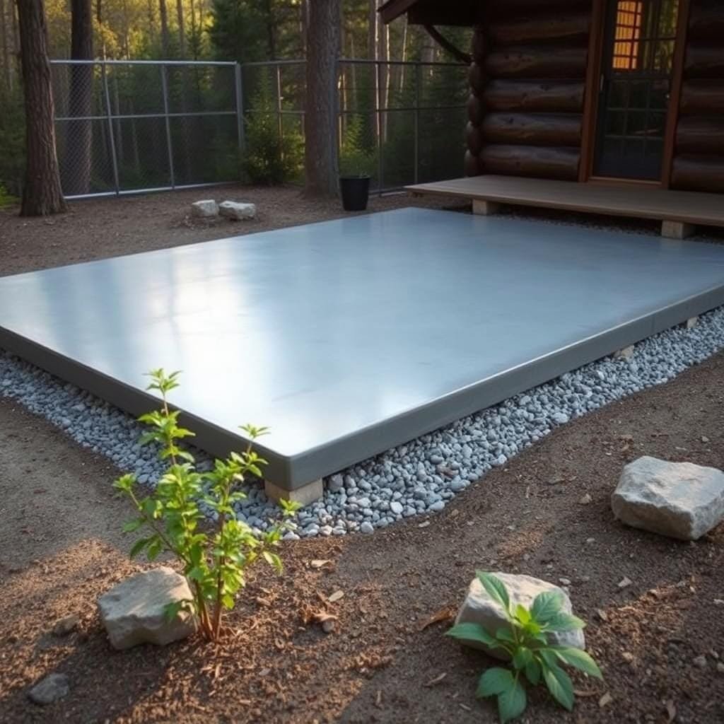 A well-poured concrete slab rests on a level, compacted gravel base, forming a sturdy, low-profile foundation for a rustic cabin. The slab's smooth, gray surface glistens in the warm, diffused light, seamlessly blending with the surrounding natural landscape. Precise edges and corners create a clean, uniform appearance, conveying an impression of solidity and permanence. Sparse foliage and a few rocks in the foreground provide a sense of scale, while the background features a tranquil forest backdrop, enhancing the cabin's harmonious integration with its woodland setting. This pragmatic, cost-effective solution offers a durable, maintenance-free base for a sustainable, long-lasting cabin. A well-poured concrete slab rests on a level, compacted gravel base, forming a sturdy, low-profile foundation for a rustic cabin. The slab's smooth, gray surface glistens in the warm, diffused light, seamlessly blending with the surrounding natural landscape. Precise edges and corners create a clean, uniform appearance, conveying an impression of solidity and permanence. Sparse foliage and a few rocks in the foreground provide a sense of scale, while the background features a tranquil forest backdrop, enhancing the cabin's harmonious integration with its woodland setting. This pragmatic, cost-effective solution offers a durable, maintenance-free base for a sustainable, long-lasting cabin.