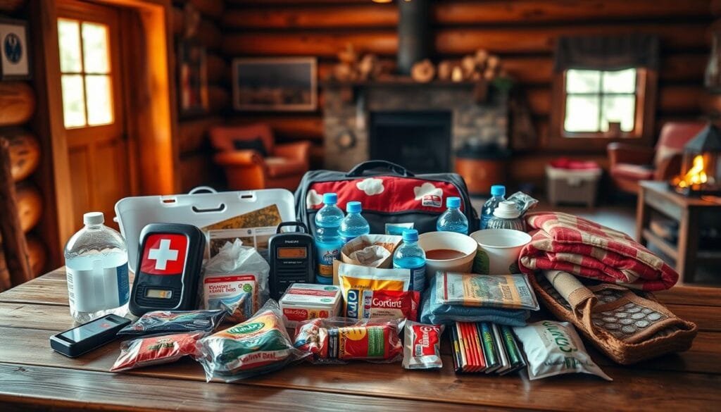A well-stocked emergency preparedness kit arranged on a wooden table, illuminated by warm, natural lighting. The kit contains essential supplies such as a first-aid kit, flashlight, portable radio, water bottles, non-perishable food, and emergency blankets. The items are neatly organized and easily accessible, conveying a sense of preparedness and self-reliance. The background features a cozy, off-grid cabin interior with wooden walls and a cozy fireplace, suggesting a safe, comfortable living environment. The overall atmosphere is one of resilience, security, and the ability to survive unexpected challenges.