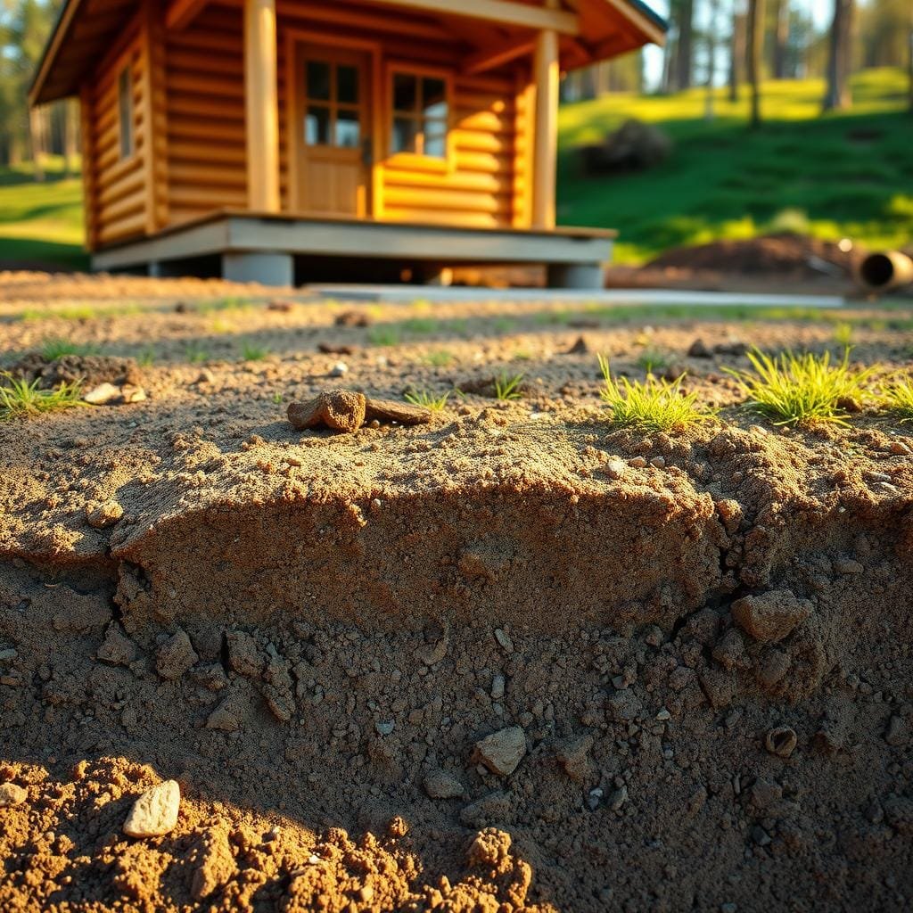 A well-structured cabin foundation with a gravel base, situated on a lush, earthy landscape. In the foreground, a cross-section view showcases the different soil layers - the top soil, a deep layer of loamy earth, and a solid gravel foundation beneath. Warm, natural lighting filters through, casting soft shadows and highlighting the textural details of the soil. The overall scene conveys a sense of stability, durability, and harmony between the built structure and the natural environment.