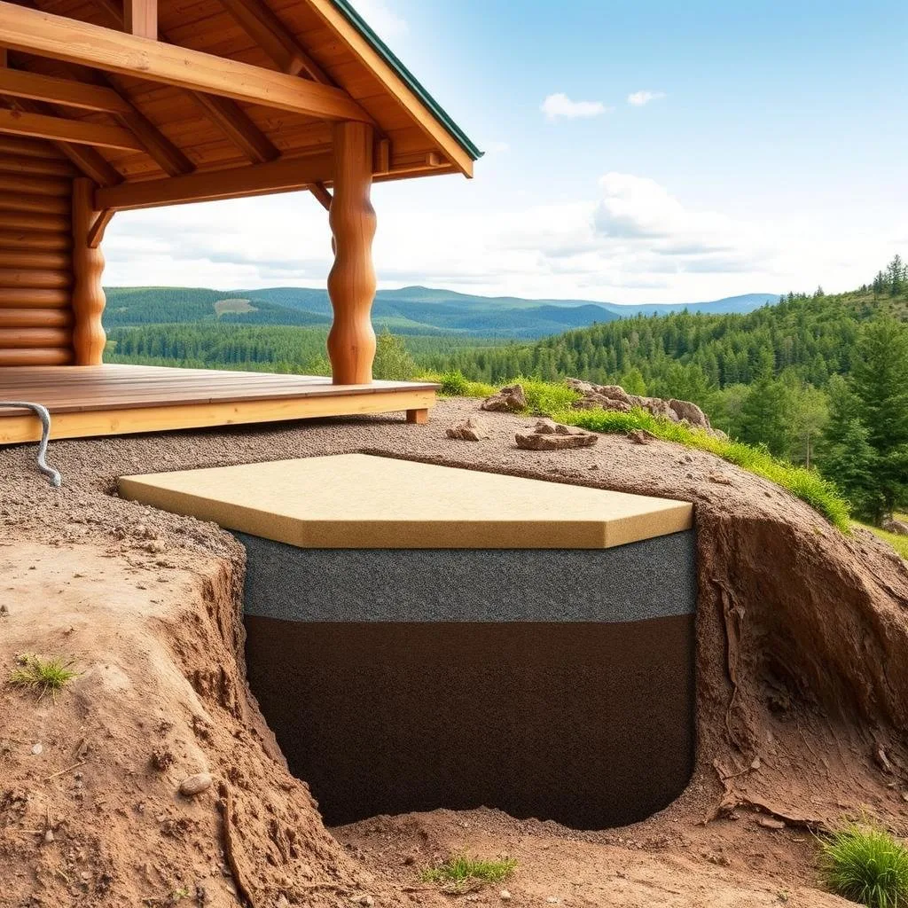 A well-ventilated cabin foundation situated on a gently sloping terrain, with a detailed cross-section view showcasing the moisture management systems. In the foreground, a raised wooden platform with perimeter drainage channels and a central vapor barrier. The middle ground features a gravel base, insulation panels, and a crawl space for airflow. The background depicts the surrounding landscape, with lush vegetation and a clear sky, creating a serene and natural atmosphere. The lighting is soft and diffused, highlighting the textural details of the materials used. The overall image conveys a comprehensive understanding of the strategies employed to manage moisture and ventilation in a cabin foundation designed for cold climates.
