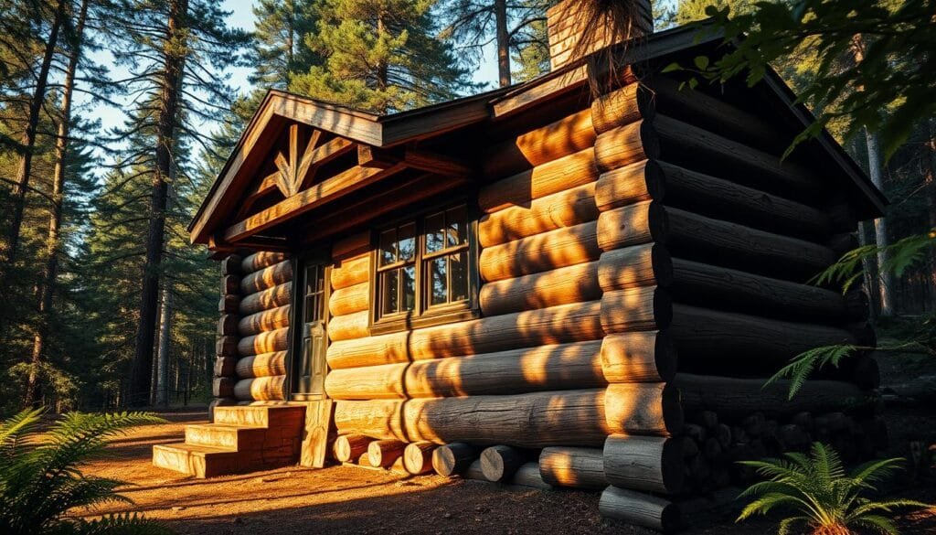 A well-weathered log cabin nestled amidst a lush forest clearing, its sturdy foundation composed of stacked and interlocked logs, creating a harmonious blend of rustic charm and functional design. The sun casts a warm, golden glow across the scene, casting soft shadows that accentuate the texture of the aged wood. The cabin's log siding, with its intricate patterns and natural imperfections, stands as a testament to the craftsmanship of the builders. The surrounding landscape is dotted with towering pines and ferns, adding depth and a sense of tranquility to the overall composition. A gentle breeze rustles the leaves, creating a soothing ambiance.