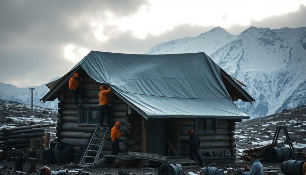 A well-worn cabin nestled amidst a rugged, snow-capped landscape. In the foreground, a team of skilled technicians carefully installing a sturdy tarp over the damaged roof, securing it with heavy-duty ropes and stakes to create a weatherproof seal. Diffused natural lighting filters through the overcast sky, casting a somber yet determined mood as they work to protect the cabin from the impending elements. The middle ground features a array of tools and equipment, while the background showcases the dramatic mountain scenery, hinting at the cabin's remote and exposed location.