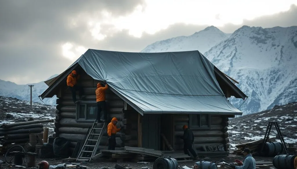 A well-worn cabin nestled amidst a rugged, snow-capped landscape. In the foreground, a team of skilled technicians carefully installing a sturdy tarp over the damaged roof, securing it with heavy-duty ropes and stakes to create a weatherproof seal. Diffused natural lighting filters through the overcast sky, casting a somber yet determined mood as they work to protect the cabin from the impending elements. The middle ground features a array of tools and equipment, while the background showcases the dramatic mountain scenery, hinting at the cabin's remote and exposed location.