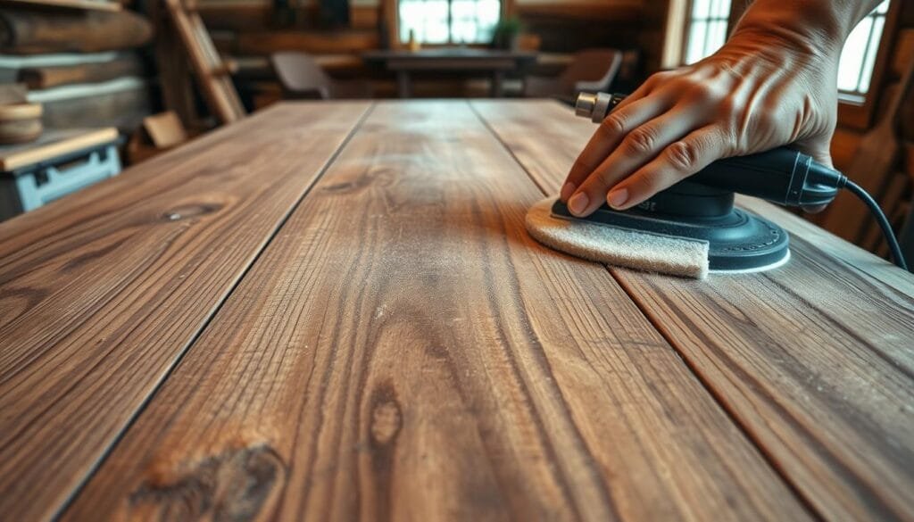 A well-worn, reclaimed wooden surface fills the frame, its grain and texture prominent under soft, diffused lighting. The surface is being meticulously sanded, smoothing away imperfections to reveal the natural beauty of the wood. In the background, a rustic cabin interior sets the scene, hinting at the future use of this reclaimed material. The angle is slightly elevated, giving a sense of care and attention paid to the finishing process. The mood is one of craftsmanship and respect for the history of the wood, as it is transformed from discarded material to a stunning, integral part of a new, cozy cabin space.