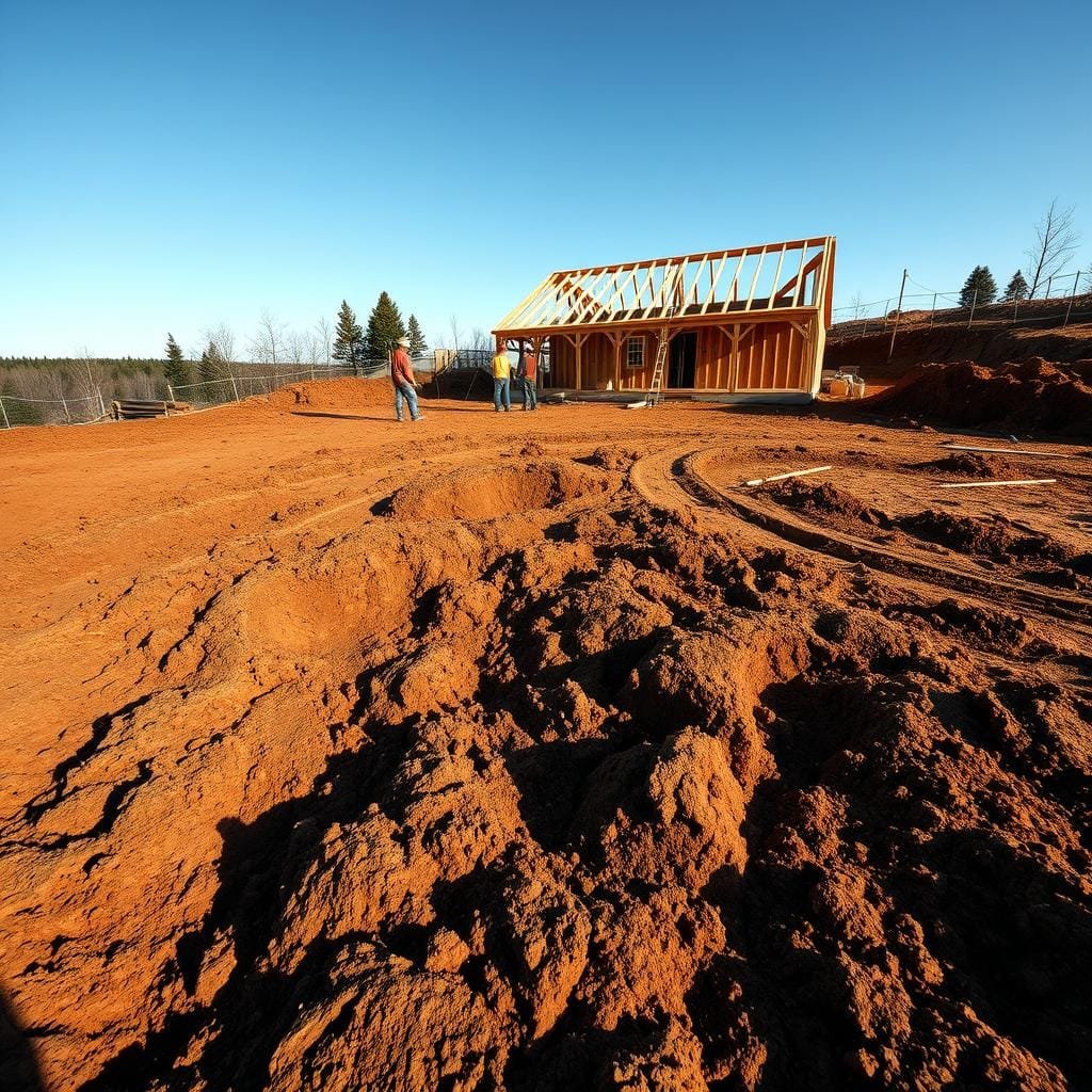 A wide, high-angle view of a residential building site, the foreground dominated by a freshly excavated soil bed, its rich brown hues and textured surface meticulously prepared for a concrete slab foundation. In the middle ground, a team of construction workers carefully inspect the soil, ensuring proper compaction and drainage. Sunlight casts long, angled shadows, creating a sense of depth and emphasizing the detailed topography. In the background, a partially constructed timber-frame cabin stands, hinting at the final structure that will rest atop this carefully cultivated soil foundation. The scene conveys a sense of ordered progress, with the soil preparation as a vital, foundational step in the construction process.