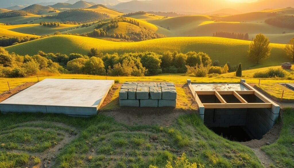 A wide, panoramic view of a lush, verdant landscape with rolling hills in the background. In the foreground, three distinct foundation types are displayed side-by-side: a concrete slab, a series of sturdy concrete piers, and an open crawl space. The scene is illuminated by a warm, golden light, creating a serene and inviting atmosphere. The foundations are rendered with intricate details, showcasing their unique structures and materials. The image is captured with a wide-angle lens, allowing the viewer to easily compare the scale and visual impact of each foundation type. This comprehensive visual representation provides a clear and informative comparison of the costs and considerations associated with slab, pier, and crawl space foundations for a cabin in a natural setting.