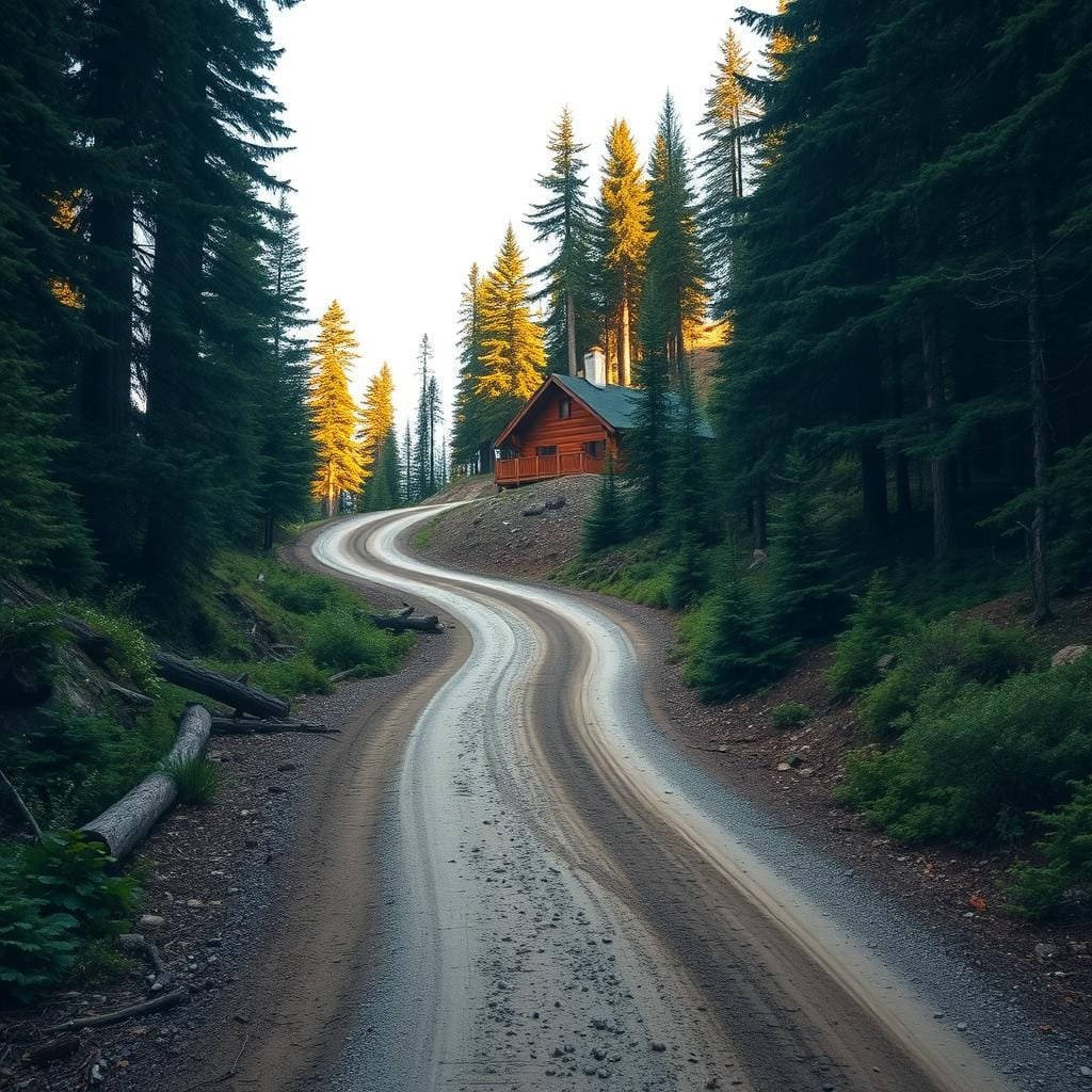 A winding, dirt access road leading up a steep, forested hillside towards a rustic mountain cabin. The foreground features a well-graded, gravel-covered road with tire tracks, surrounded by lush vegetation and fallen logs. The middle ground shows the road snaking through the dense forest, with towering pine and fir trees on either side. In the background, the cabin sits atop the hill, its wooden exterior and chimney peeking through the treeline. Warm, afternoon sunlight filters through the canopy, casting long shadows across the scene. The overall mood is one of remote, rugged isolation, highlighting the careful planning and design required to build and access a cabin in such a steep, challenging location.