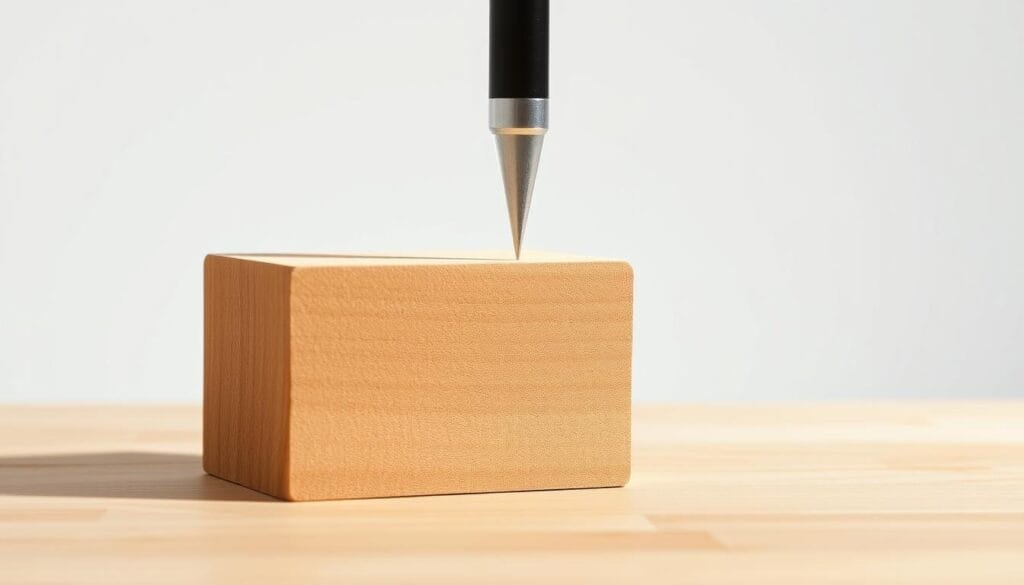 A wooden block set against a clean, well-lit background, with a close-up view of the Janka wood hardness test being performed. The block is positioned at a slight angle, revealing the detailed texture and grain of the wood surface. A metal probe or indenter gently presses into the wood, demonstrating the measured force required to embed it to a specific depth. The lighting is bright and diffused, creating subtle shadows that accentuate the woodgrain. The overall composition conveys a sense of scientific inquiry and the rigorous testing process used to evaluate the durability and hardness of various wood species.