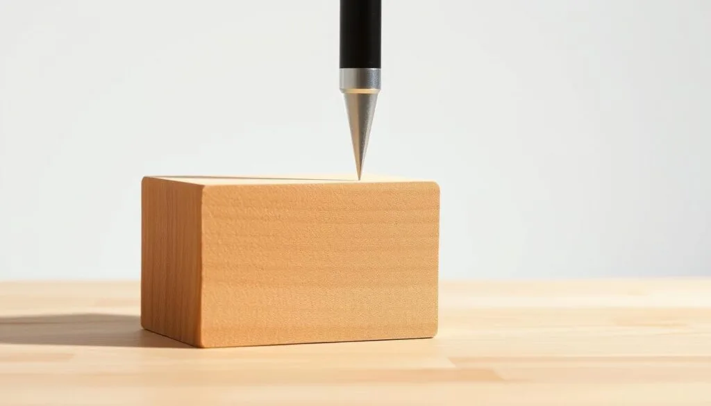 A wooden block set against a clean, well-lit background, with a close-up view of the Janka wood hardness test being performed. The block is positioned at a slight angle, revealing the detailed texture and grain of the wood surface. A metal probe or indenter gently presses into the wood, demonstrating the measured force required to embed it to a specific depth. The lighting is bright and diffused, creating subtle shadows that accentuate the woodgrain. The overall composition conveys a sense of scientific inquiry and the rigorous testing process used to evaluate the durability and hardness of various wood species.