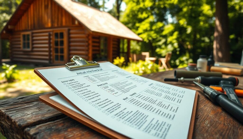 A wooden cabin exterior on a sunny day, surrounded by lush greenery. In the foreground, an open clipboard with a detailed annual inspection checklist. The checklist has meticulously drawn illustrations and handwritten notes about the cabin's siding, windows, roof, and other key maintenance areas. The clipboard is positioned on a weathered wooden table, with tools and supplies neatly arranged nearby. Soft, diffused lighting illuminates the scene, highlighting the natural textures and colors of the wood. The overall mood conveys a sense of diligent care and attention to preserving the cabin's rugged charm.