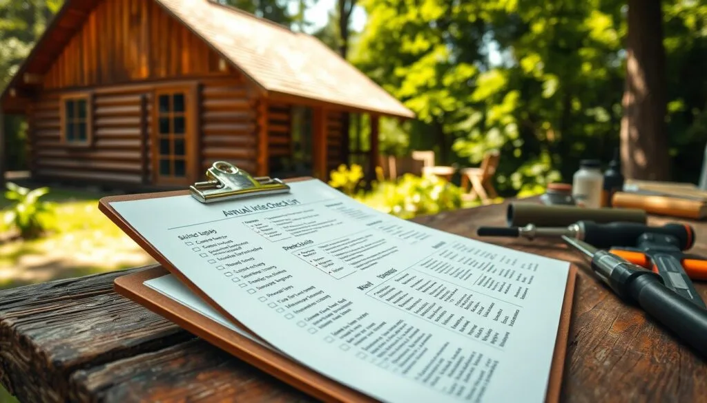 A wooden cabin exterior on a sunny day, surrounded by lush greenery. In the foreground, an open clipboard with a detailed annual inspection checklist. The checklist has meticulously drawn illustrations and handwritten notes about the cabin's siding, windows, roof, and other key maintenance areas. The clipboard is positioned on a weathered wooden table, with tools and supplies neatly arranged nearby. Soft, diffused lighting illuminates the scene, highlighting the natural textures and colors of the wood. The overall mood conveys a sense of diligent care and attention to preserving the cabin's rugged charm. A wooden cabin exterior on a sunny day, surrounded by lush greenery. In the foreground, an open clipboard with a detailed annual inspection checklist. The checklist has meticulously drawn illustrations and handwritten notes about the cabin's siding, windows, roof, and other key maintenance areas. The clipboard is positioned on a weathered wooden table, with tools and supplies neatly arranged nearby. Soft, diffused lighting illuminates the scene, highlighting the natural textures and colors of the wood. The overall mood conveys a sense of diligent care and attention to preserving the cabin's rugged charm.