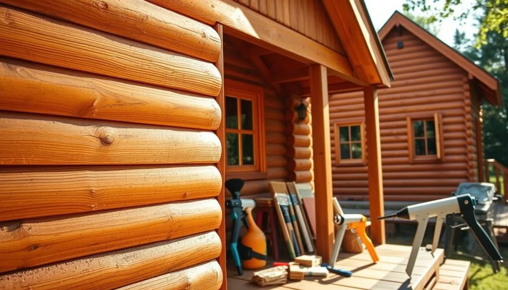 A wooden cabin exterior on a sunny day, with a close-up view of common wood sealing mistakes. In the foreground, visible are improperly applied sealant, gaps, and uneven coverage. The middle ground shows a variety of sealant application tools, including brushes, rags, and caulking guns, highlighting the importance of using the right tools. The background features a well-sealed cabin exterior, with a cohesive, smooth finish, demonstrating the desired result. The lighting is soft and natural, creating a warm, inviting atmosphere. The camera angle is slightly elevated, providing a comprehensive overview of the sealing process and its potential pitfalls. A wooden cabin exterior on a sunny day, with a close-up view of common wood sealing mistakes. In the foreground, visible are improperly applied sealant, gaps, and uneven coverage. The middle ground shows a variety of sealant application tools, including brushes, rags, and caulking guns, highlighting the importance of using the right tools. The background features a well-sealed cabin exterior, with a cohesive, smooth finish, demonstrating the desired result. The lighting is soft and natural, creating a warm, inviting atmosphere. The camera angle is slightly elevated, providing a comprehensive overview of the sealing process and its potential pitfalls.