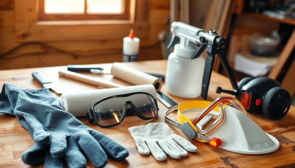 A workshop table neatly organized with wood sealant application tools: a paintbrush, a foam roller, a sprayer, and a rag. In the foreground, safety equipment like protective gloves, goggles, and a respirator mask are placed prominently. The background features a window with natural daylight streaming in, casting a warm glow over the scene. The overall mood is one of preparedness and attention to detail, conveying the importance of proper sealant application and safety when working on a cabin's exterior.