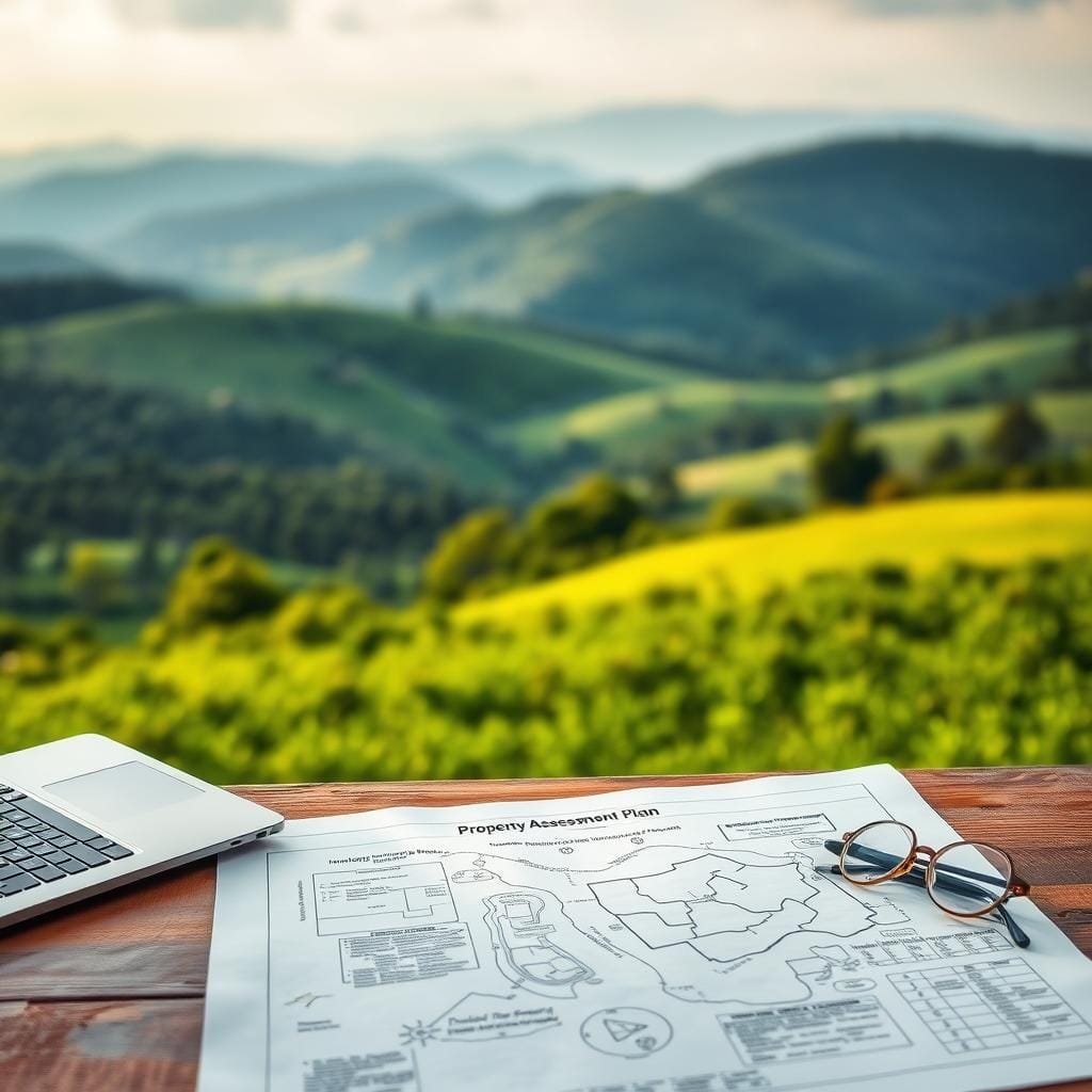 An aerial view of a lush, verdant landscape with rolling hills in the background, bathed in soft, diffused natural lighting. In the foreground, a detailed property assessment plan is spread out on a wooden table, accompanied by a laptop, a pen, and a pair of eyeglasses. The plan features a detailed parcel map, topographical information, and handwritten notes, conveying a sense of careful planning and consideration. The atmosphere is one of focused, contemplative analysis, as if the viewer is about to embark on a land clearing project, meticulously preparing for the task ahead.