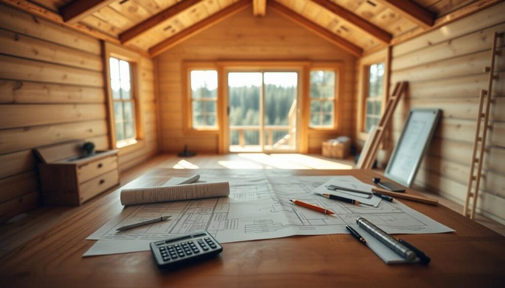 An airy, sunlit cabin interior with a large wooden desk in the foreground, showcasing architectural plans, a calculator, and various budgeting materials. In the middle ground, a window overlooks a scenic forest landscape. The space is well-lit, with warm, natural lighting filtering through the windows. The overall mood is one of thoughtful planning and organization, reflecting the diligent process of preparing to build a DIY cabin. The camera angle is slightly elevated, creating a sense of order and control over the planning process.
