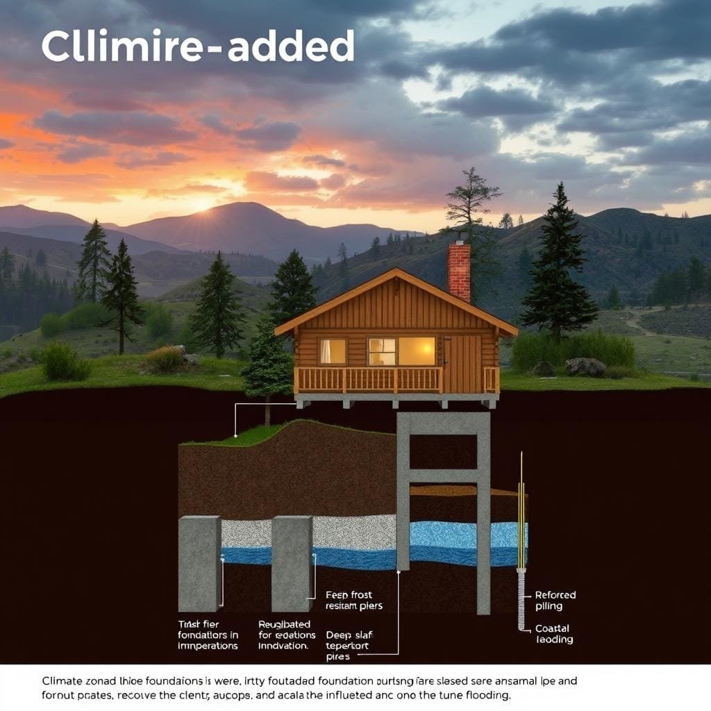 An architectural illustration showcasing climate-adapted foundation techniques. In the foreground, a sectional view of a cabin's foundation, with various reinforced concrete footings tailored to different soil conditions and climate zones - from shallow slab foundations in temperate regions to deep frost-resistant piers in cold climates, and reinforced pilings for coastal areas prone to flooding. The middle ground features a landscape of varied terrain, with trees, vegetation, and natural landforms that influence the foundation design. The background depicts atmospheric lighting, with warm hues during the day or moody, dramatic shadows at dusk, emphasizing the environmental factors affecting the built structure. The overall scene conveys an informative, technical aesthetic suitable for an architectural engineering publication.
