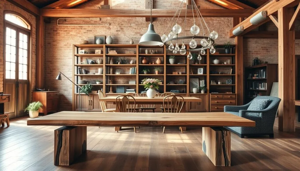 An artfully arranged scene of creative reclaimed wood furniture and beams, bathed in warm, natural lighting and set against a rustic, textured backdrop. In the foreground, a sleek, contemporary-style coffee table with a smooth, aged wood top rests atop sturdy, reclaimed wood legs. Behind it, a stunning floor-to-ceiling bookshelf showcases an eclectic mix of decorative items and potted plants, its shelves crafted from repurposed wooden beams. In the middle ground, a large, wooden dining table with mismatched, vintage chairs invites casual gathering, while overhead, exposed beams and rafters add character and depth to the scene. The overall atmosphere evokes a sense of industrial-chic elegance, where the beauty of reclaimed materials is celebrated and transformed into functional, yet visually striking, pieces.