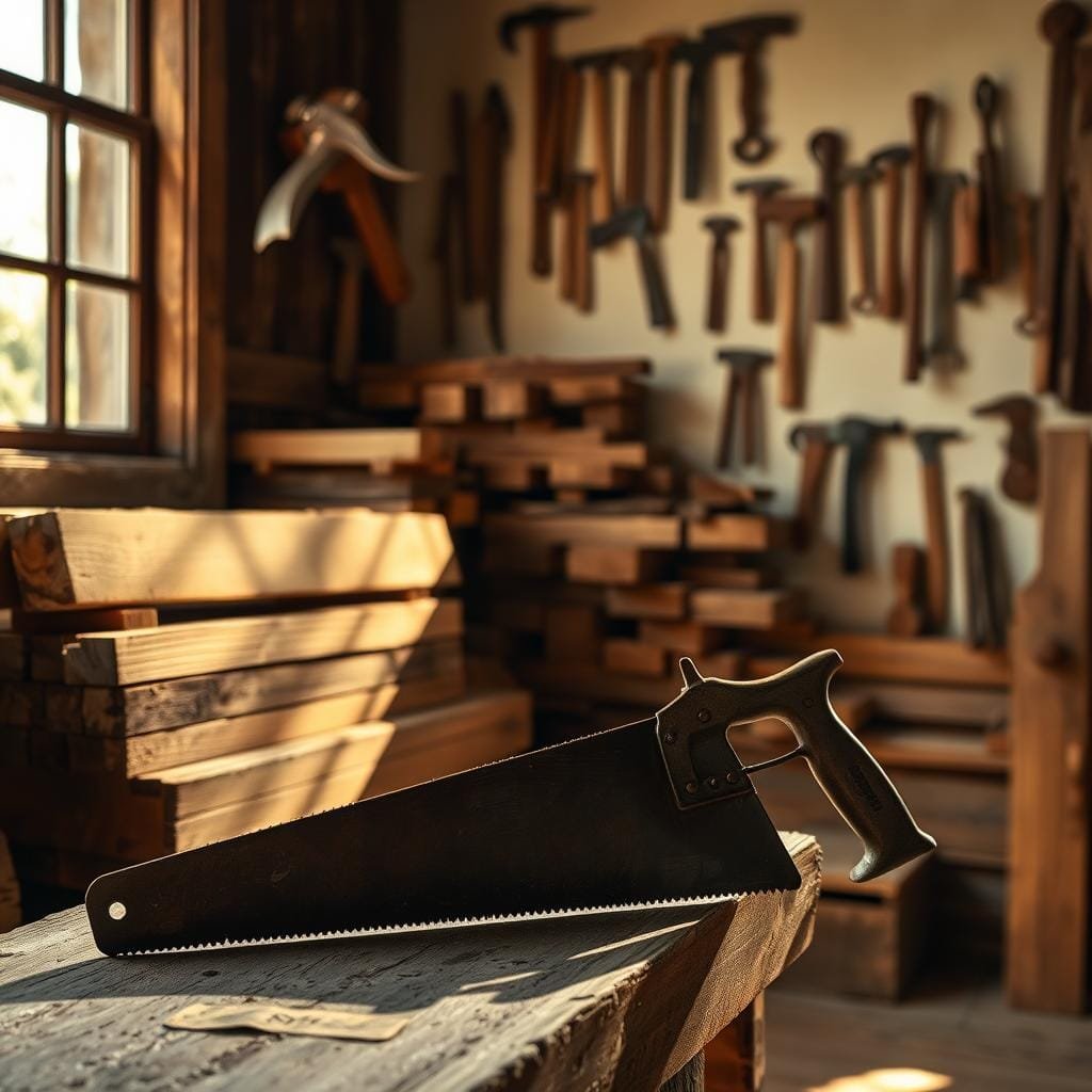 An artfully arranged still life of DIY cabin timber framing tools and materials, illuminated by warm natural lighting filtering through a rustic window. In the foreground, a sturdy hand saw, a heavy-duty chisel, and a mallet sit atop a weathered workbench. In the middle ground, neatly stacked timber beams and planks of varying sizes cast dynamic shadows. The background features a wall adorned with antique hand tools, hinting at the craftsmanship and traditions of timber framing. The overall scene conveys a sense of hard-earned skills, self-reliance, and the time-honored techniques of building a durable, long-lasting cabin. An artfully arranged still life of DIY cabin timber framing tools and materials, illuminated by warm natural lighting filtering through a rustic window. In the foreground, a sturdy hand saw, a heavy-duty chisel, and a mallet sit atop a weathered workbench. In the middle ground, neatly stacked timber beams and planks of varying sizes cast dynamic shadows. The background features a wall adorned with antique hand tools, hinting at the craftsmanship and traditions of timber framing. The overall scene conveys a sense of hard-earned skills, self-reliance, and the time-honored techniques of building a durable, long-lasting cabin.