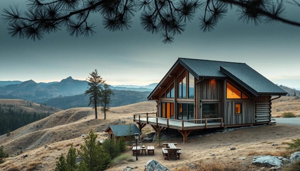 An awe-inspiring cabin nestled amidst the rugged terrain, seamlessly blending with the natural contours of the landscape. A panoramic view of rolling hills and towering pines frames the structure, its architecture organically following the slope of the land. Weathered wood panels and large windows create a harmonious dialogue with the surroundings, drawing the outdoors in. Soft lighting casts a warm glow, accentuating the cabin's rustic charm and the interplay of shadow and light. The overall scene evokes a sense of tranquility and a deep connection with the natural world, showcasing the beauty of a cabin design that truly embraces its environmental context.