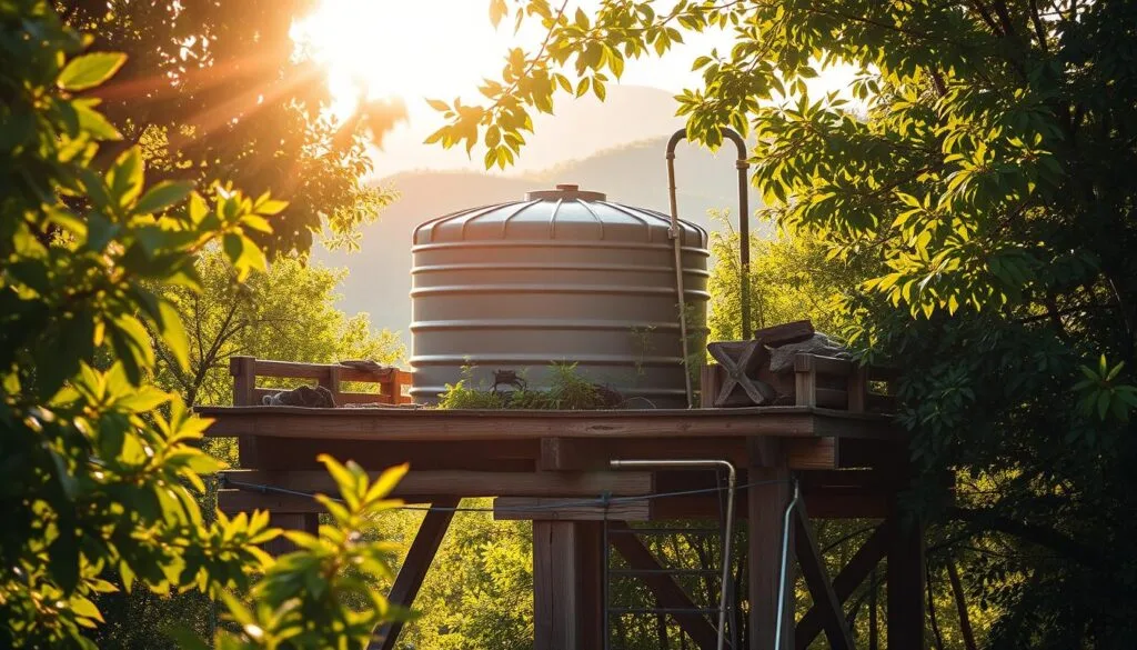 An elevated platform with a sturdy, rectangular water tank nestled atop, surrounded by lush, verdant foliage. The tank's position allows for a gravity-fed water distribution system, ensuring a reliable and efficient water supply. Warm, golden sunlight filters through the leaves, casting a soft, natural glow over the scene. The platform is constructed with robust, weathered wooden beams, seamlessly blending with the rustic, cabin-like aesthetic. In the distance, a rolling, hilly landscape adds depth and context, hinting at the idyllic, off-grid setting. The overall composition conveys a sense of tranquility, practicality, and harmonious integration with the surrounding natural environment.