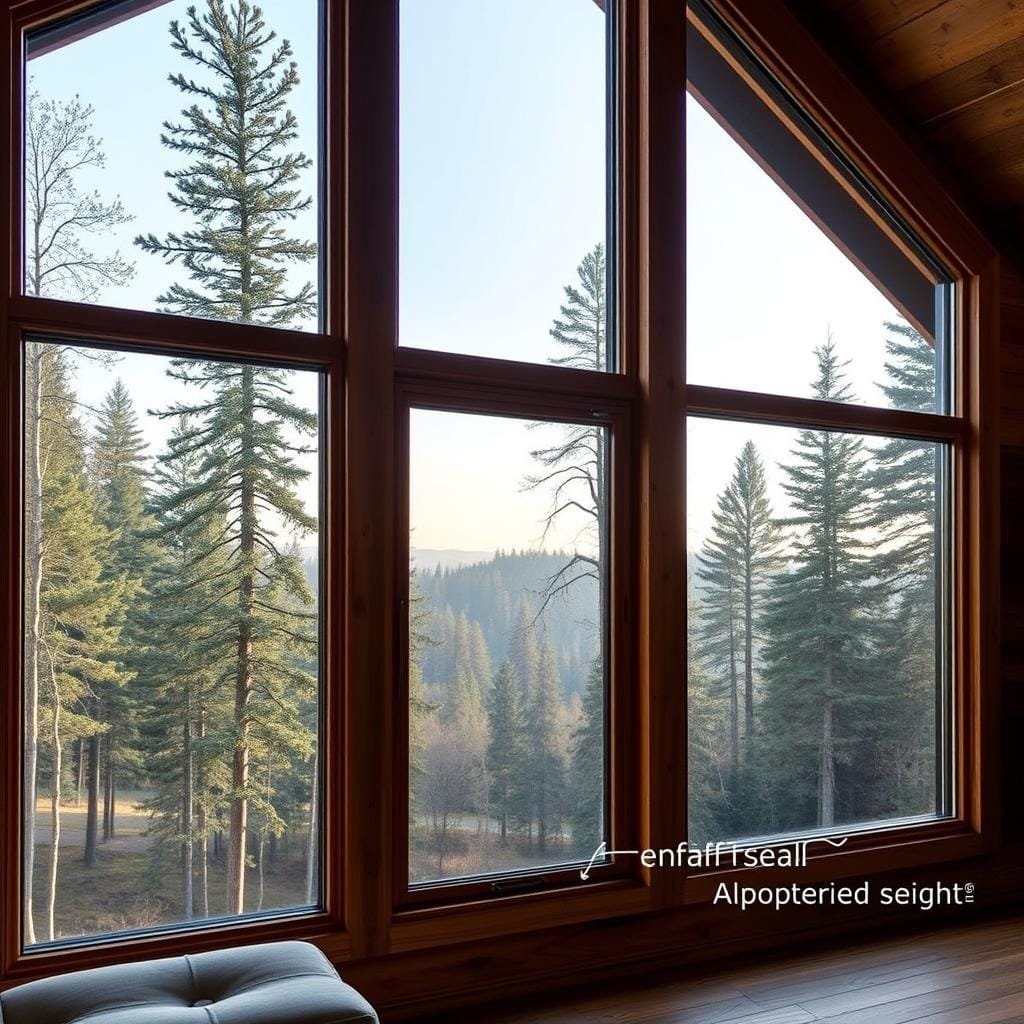An energy-efficient cabin with large, double-glazed windows that maximize natural light and insulation. The windows are framed in warm wood, blending seamlessly with the cabin's rustic exterior. Soft, diffused lighting filters through the panes, creating a cozy, inviting atmosphere. The windows are positioned to capture panoramic views of a forested landscape, immersing the cabin's interior in the natural surroundings. Detailed textures and precise angles emphasize the windows' high-performance features, such as thermal seals and argon gas fills, ensuring optimal energy efficiency and comfort for the cabin's occupants. An energy-efficient cabin with large, double-glazed windows that maximize natural light and insulation. The windows are framed in warm wood, blending seamlessly with the cabin's rustic exterior. Soft, diffused lighting filters through the panes, creating a cozy, inviting atmosphere. The windows are positioned to capture panoramic views of a forested landscape, immersing the cabin's interior in the natural surroundings. Detailed textures and precise angles emphasize the windows' high-performance features, such as thermal seals and argon gas fills, ensuring optimal energy efficiency and comfort for the cabin's occupants.