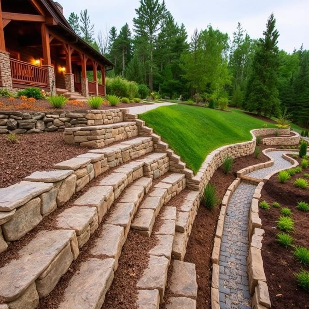 An erosion control system for a sloped cabin site, featuring a well-designed drainage network. In the foreground, a series of terraced retaining walls, constructed from natural stone and timber, gracefully cascade down the slope, managing water flow and preventing soil erosion. The middle ground showcases a strategically placed swale, channeling runoff into a series of permeable pavers and bioswales, allowing for efficient water infiltration. In the background, a lush, verdant landscape, with native plants and trees, further enhances the site's natural aesthetic. Soft, diffused lighting illuminates the scene, creating a tranquil and serene atmosphere, perfectly complementing the cabin's rustic charm.