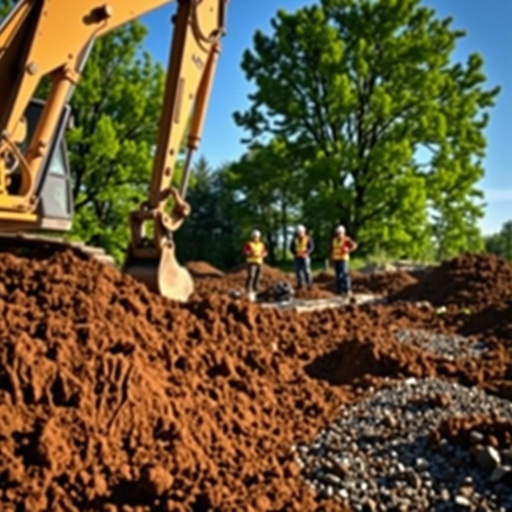 An excavation site in preparation for a septic system installation. The foreground shows a large backhoe digging into the earth, exposing the soil layers. Piles of excavated dirt and gravel surround the machinery. In the middle ground, workers in hard hats and safety vests survey the site, planning the next steps. The background features lush green trees and a clear blue sky, creating a natural, rustic atmosphere. Warm, diffused sunlight casts shadows across the scene, emphasizing the textures of the soil and equipment. The overall composition conveys the precision and care required to properly prepare a site for a septic system, a crucial aspect of off-grid cabin construction.