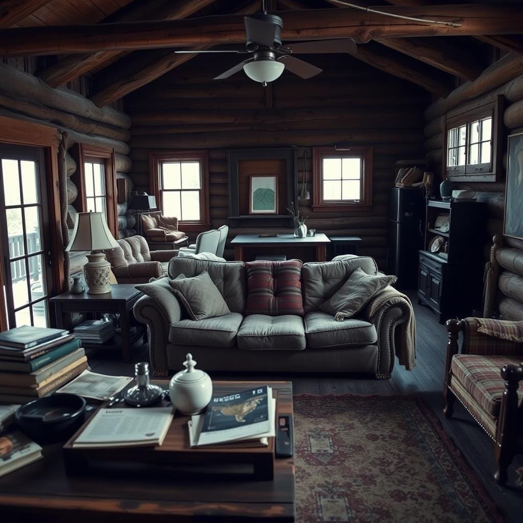An interior design of a rustic cabin with common design mistakes to avoid, captured in a dramatic wide-angle lens. In the foreground, a cluttered coffee table with mismatched decor and poor lighting. In the middle ground, an overstuffed sofa with sloppy upholstery and dated fabrics. In the background, an ill-planned layout with blocked pathways and lack of natural light. Muted color palette with a somber, gloomy atmosphere to illustrate the mistakes. Emphasize the sense of an improperly designed, inefficient space that fails to maximize the potential of a cost-effective cabin.