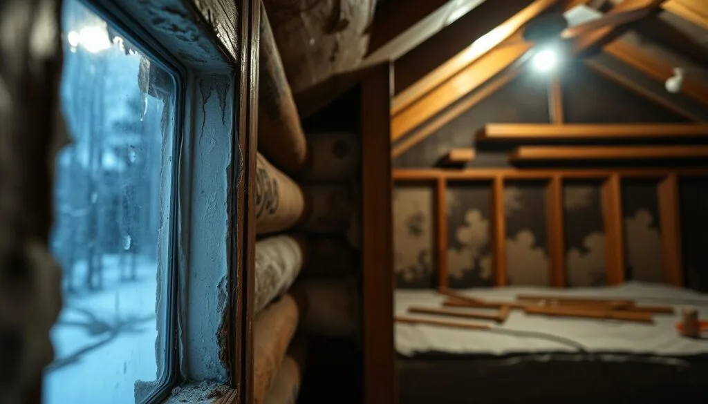 An interior scene depicting common insulation mistakes and moisture problems in cabin windows. In the foreground, a close-up view of a poorly sealed window frame, with gaps and cracks allowing cold air and moisture to seep in. The middle ground shows water stains and mold growth on the interior window sill and surrounding drywall, a result of the inadequate insulation. The background reveals a wider view of the cabin interior, with dim, gloomy lighting highlighting the overall poor insulation. The scene conveys a sense of neglect and the need for proper window insulation to prevent these common issues.