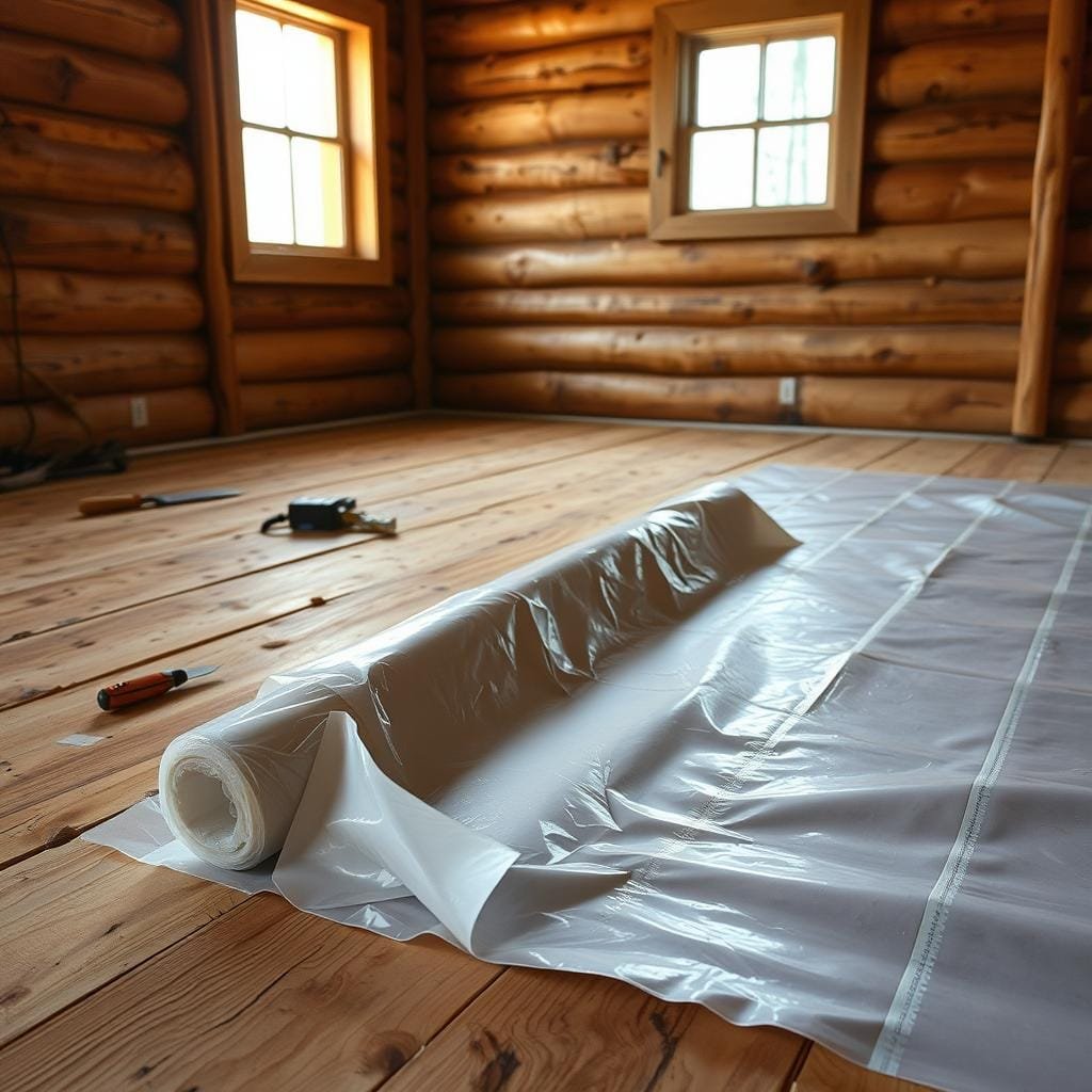 An interior view of a wooden cabin floor, the focus on the installation of a moisture barrier. The foreground shows a roll of heavy-duty polyethylene sheeting being carefully unrolled and laid out on the subfloor, overlapping seams taped securely. In the middle ground, construction tools like a utility knife and tape measure are visible, conveying a sense of diligent preparation. The background reveals the rustic wooden joists and subfloor, suggesting the need to safeguard against moisture intrusion. Natural lighting filters in through a nearby window, casting a warm, earthy glow over the scene. The overall mood is one of thoughtful attention to detail, reflecting the importance of proper moisture management in insulating a cabin for energy efficiency.