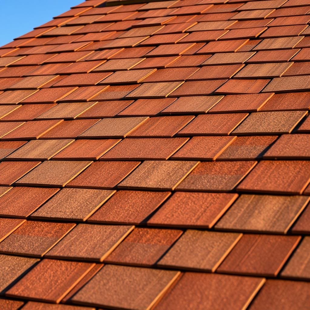 Architectural asphalt shingles with a traditional, weathered appearance laid out in a natural, overlapping pattern. The shingles have a textured, mottled surface with a range of earthy tones including deep browns, reddish-oranges, and subtle grays, creating a timeless, rustic aesthetic. Warm, directional lighting casts gentle shadows, accentuating the dimensional quality of the shingles. The image is captured at a low angle, showcasing the intricate details and craftsmanship of the roofing material against a clear blue sky backdrop, evoking a sense of classic cabin charm.