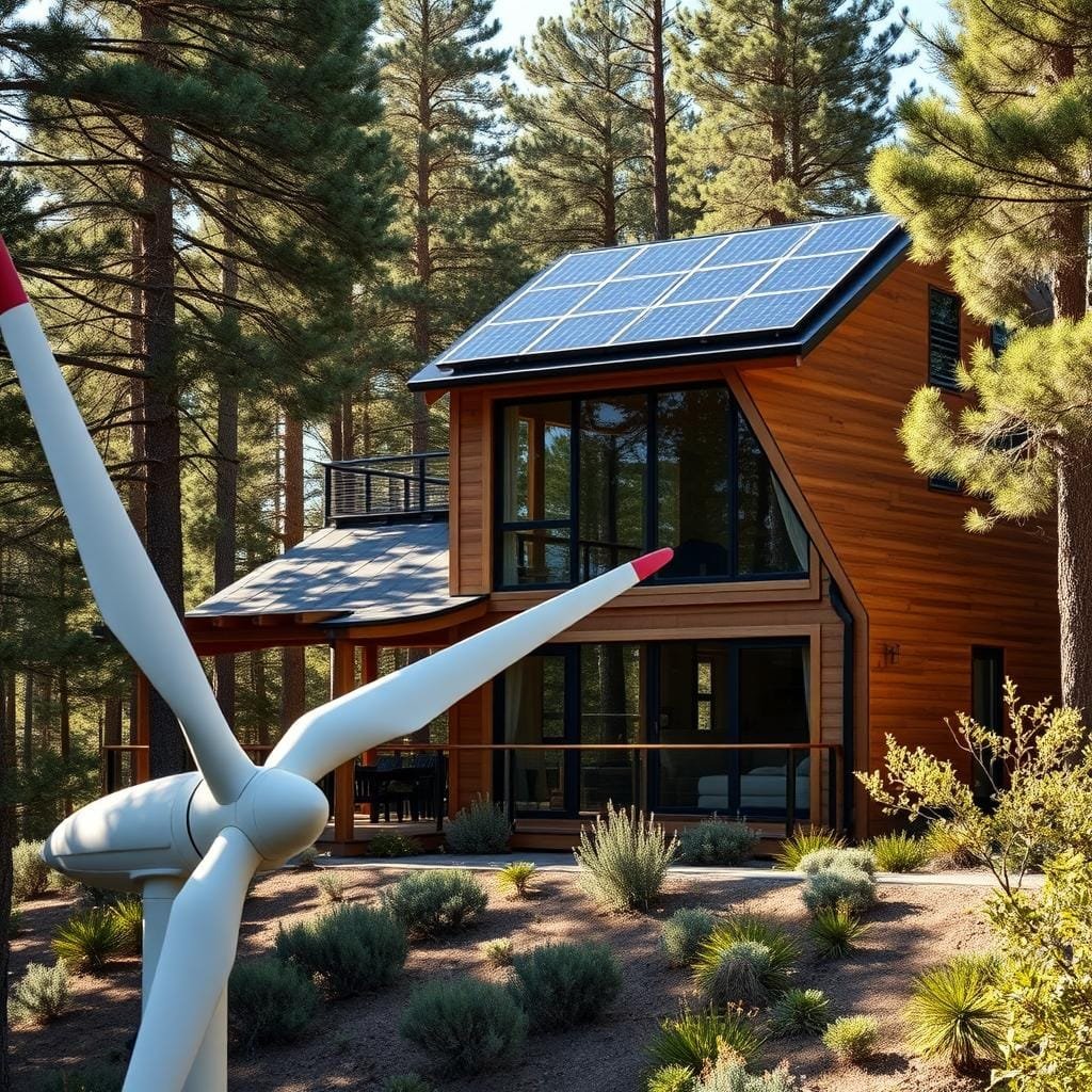 Cabin nestled in a lush forest, sunlight filtering through the trees. Sleek, modern cabin design with large windows maximizing natural light. Prominent solar panels on the roof, wind turbine in the foreground. Intricate wood detailing and energy-efficient insulation visible. Landscaping with native, drought-resistant plants. Warm, earthy tones complemented by clean, minimalist lines. Calm, serene atmosphere conveying the cabin's harmony with its natural surroundings and emphasis on sustainable living.
