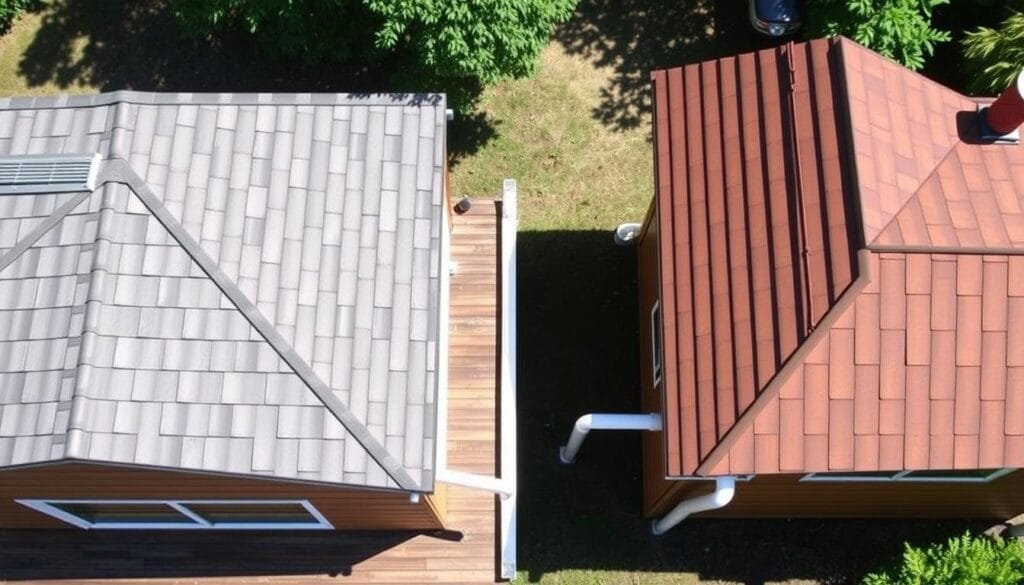 Cabin roof drainage systems comparison: Gable vs. Shed Roofs. A well-lit, high-angle view showcases two adjacent cabin roofs, one with a gable design and one with a shed design. The gable roof features a traditional triangular shape, while the shed roof slopes downward from a single, higher edge. Prominent drainage systems, including gutters and downspouts, are visible on both roofs, illustrating the distinct water management strategies for each design. The scene conveys a sense of architectural study, with clean lines, detailed textures, and natural lighting enhancing the technical, informative nature of the image.