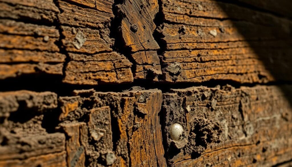 Close-up view of rotting and decaying wooden planks, with visible signs of fungal growth, discoloration, and structural damage. The timber appears weathered and worn, with cracks, splits, and areas of softened, crumbling material. The lighting is slightly dim, casting shadows that accentuate the textures and imperfections of the wood. The background is blurred, keeping the focus on the detailed, gritty surface of the deteriorating timber. This image aims to clearly illustrate the characteristic signs of advanced wood rot, as would be encountered in a real-world scenario.