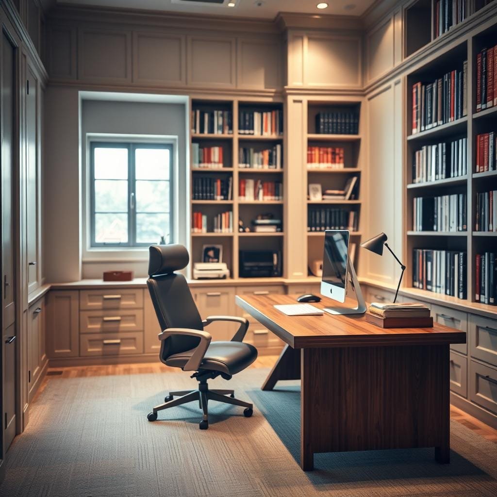 Closed office design featuring a well-organized workspace with a sturdy wooden desk, sleek computer setup, and a cozy armchair in the foreground. The middle ground showcases built-in bookshelves filled with reference materials, while the background subtly reveals a window providing natural light and a sense of privacy. The scene is illuminated by a soft, warm lighting, creating a professional and contemplative atmosphere. The camera angle suggests a slightly elevated perspective, highlighting the structured and efficient layout of the office. The overall composition conveys a sense of focus, productivity, and a traditional approach to workspace design.