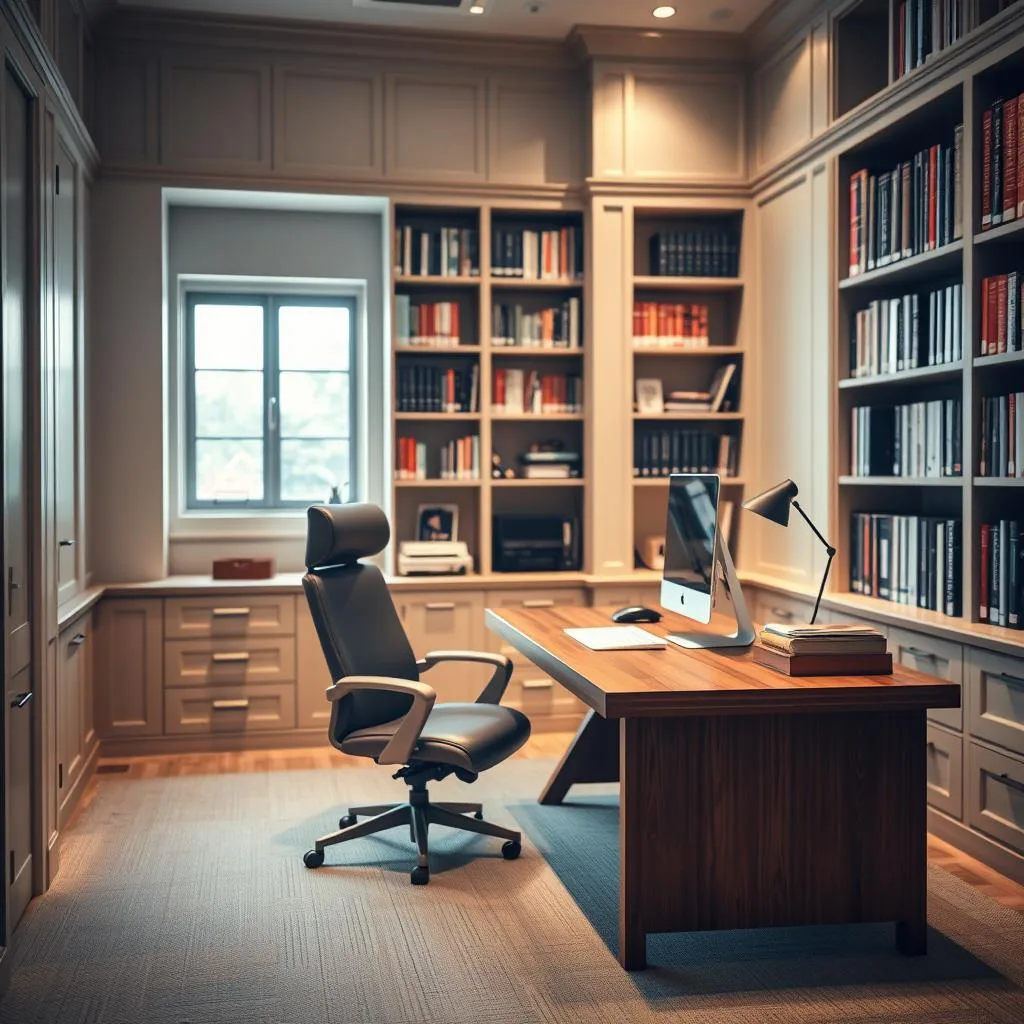 Closed office design featuring a well-organized workspace with a sturdy wooden desk, sleek computer setup, and a cozy armchair in the foreground. The middle ground showcases built-in bookshelves filled with reference materials, while the background subtly reveals a window providing natural light and a sense of privacy. The scene is illuminated by a soft, warm lighting, creating a professional and contemplative atmosphere. The camera angle suggests a slightly elevated perspective, highlighting the structured and efficient layout of the office. The overall composition conveys a sense of focus, productivity, and a traditional approach to workspace design. Closed office design featuring a well-organized workspace with a sturdy wooden desk, sleek computer setup, and a cozy armchair in the foreground. The middle ground showcases built-in bookshelves filled with reference materials, while the background subtly reveals a window providing natural light and a sense of privacy. The scene is illuminated by a soft, warm lighting, creating a professional and contemplative atmosphere. The camera angle suggests a slightly elevated perspective, highlighting the structured and efficient layout of the office. The overall composition conveys a sense of focus, productivity, and a traditional approach to workspace design.