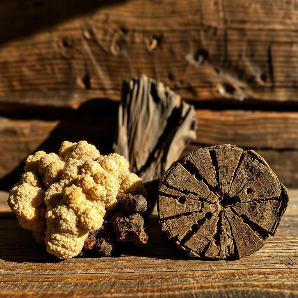Closeup comparison of wet rot and dry rot on wood surfaces. In the foreground, a sample of wood with wet rot displays a spongy, discolored texture and visible fungal growth. In the middle, a piece of wood with dry rot exhibits a brittle, crumbly appearance and a network of small tunnels. The background depicts a weathered wooden cabin wall, setting the scene for the two contrasting forms of wood deterioration. Dramatic lighting from the side casts shadows, emphasizing the textural differences. Captured with a macro lens for intricate detail, this image aims to illustrate the distinct characteristics of these two wood decay processes.