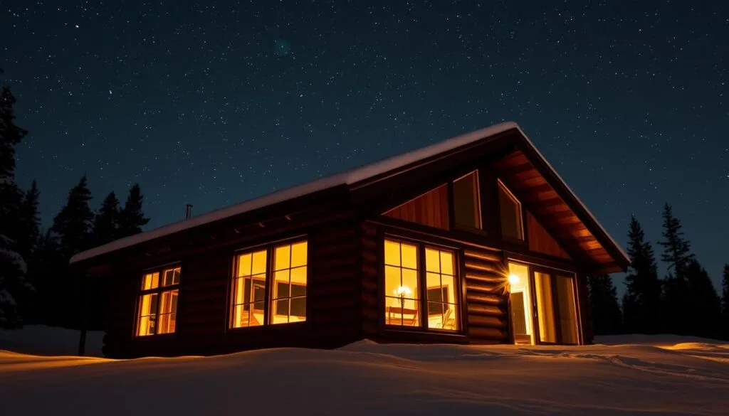 Cozy cabin nestled in the wilderness, with storm windows installed along the exterior. The windows feature thick, durable glass panes, framed in rugged wood or metal to withstand harsh winter weather. The storm windows are positioned in front of the main cabin windows, creating an insulating air pocket that traps heat and blocks drafts. Soft, warm lighting emanates from within, casting a gentle glow against the backdrop of a starry night sky. The scene conveys a sense of comfort, protection, and energy efficiency in the remote, snowy landscape.