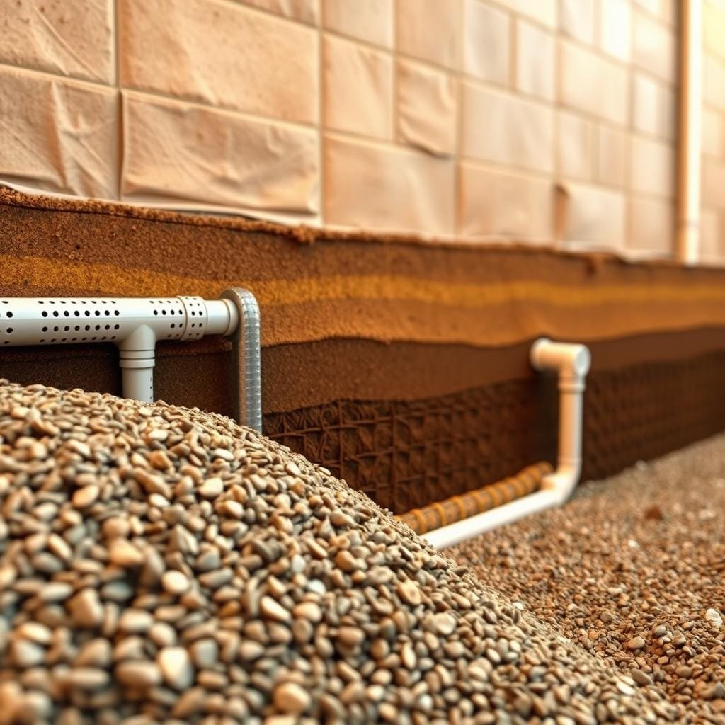 Crawl space foundation soil drainage system: a cross-section view showcasing the complex network of pipes, gravel, and soil layers that work together to efficiently manage water drainage. In the foreground, a close-up of the gravel and perforated pipes, expertly installed to capture and channel excess moisture away from the foundation. The middle ground reveals the soil strata, with distinct layers of loam, sand, and clay, each playing a crucial role in the overall drainage strategy. In the background, the foundation walls stand sturdy, protected by the meticulously designed drainage system. Warm, diffused lighting illuminates the scene, creating a sense of technical sophistication and attention to detail essential for a crawl space foundation's long-term performance.