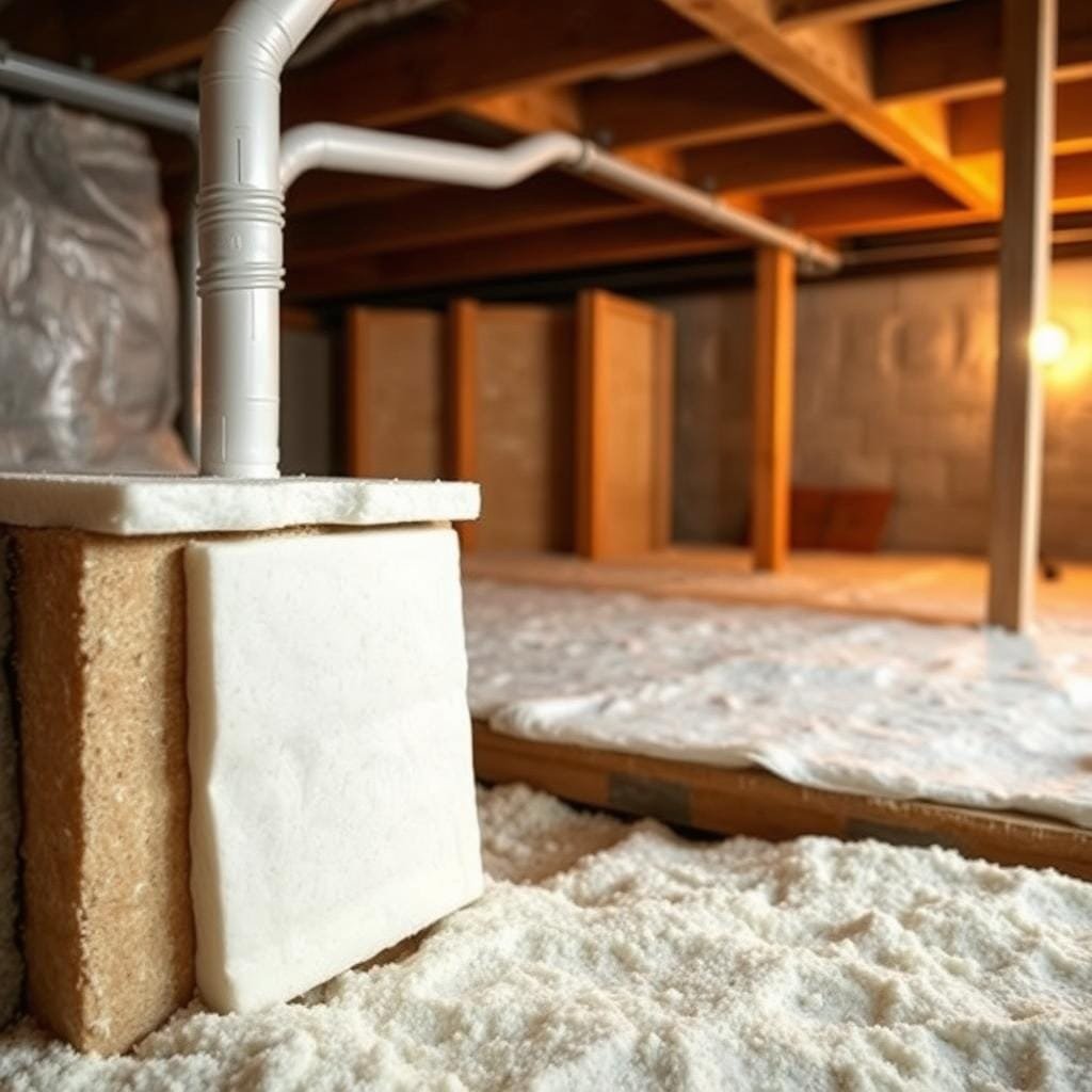 Crawl space insulation requirements for heating cost reduction: a detailed cross-section of an insulated crawl space foundation, showcasing various insulation materials and techniques. The foreground displays expertly installed rigid foam insulation panels, highlighting their R-value and thermal efficiency. The middle ground depicts the crawl space's structural elements, including the support beams and vapor barrier, all working in harmony to minimize heat loss. The background subtly reveals the overall layout of the crawl space, providing context and emphasizing the importance of comprehensive insulation for optimal energy savings. The scene is illuminated by a warm, inviting light, conveying the cozy, well-insulated atmosphere of an efficient crawl space foundation. Crawl space insulation requirements for heating cost reduction: a detailed cross-section of an insulated crawl space foundation, showcasing various insulation materials and techniques. The foreground displays expertly installed rigid foam insulation panels, highlighting their R-value and thermal efficiency. The middle ground depicts the crawl space's structural elements, including the support beams and vapor barrier, all working in harmony to minimize heat loss. The background subtly reveals the overall layout of the crawl space, providing context and emphasizing the importance of comprehensive insulation for optimal energy savings. The scene is illuminated by a warm, inviting light, conveying the cozy, well-insulated atmosphere of an efficient crawl space foundation.