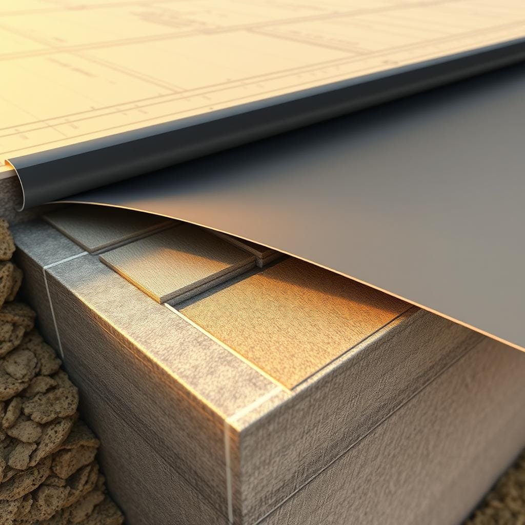 Detailed architectural blueprint illustration of foundation membrane installation process. Crisp close-up view showing underlayment layers being carefully applied to concrete foundation, with focus on carefully sealed seams and overlaps. Warm, diffused lighting highlights texture and materiality. High-resolution, technical precision, engineering diagram style, clean lines and minimalist composition.