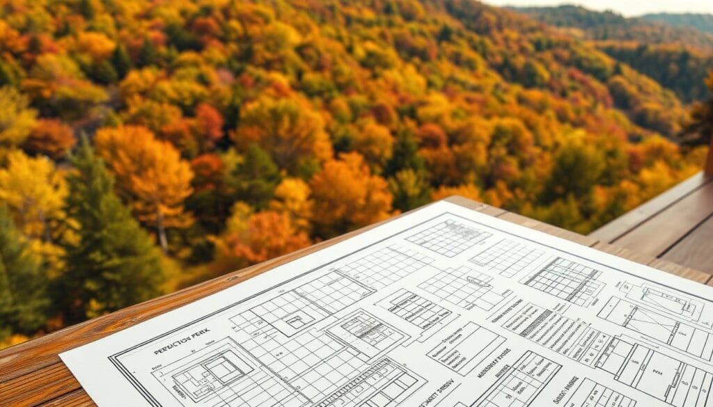 Detailed architectural blueprint of a hillside deck construction permit, showcasing technical specifications and building code requirements. Crisp, high-resolution rendering in a warm, earthy color palette. Detailed technical diagrams and schematics in the foreground, framed by a panoramic view of a lush, wooded hillside in the background. Meticulously crafted to illustrate the complex process of navigating local regulations and construction guidelines for a sturdy, code-compliant deck on a challenging sloped site.