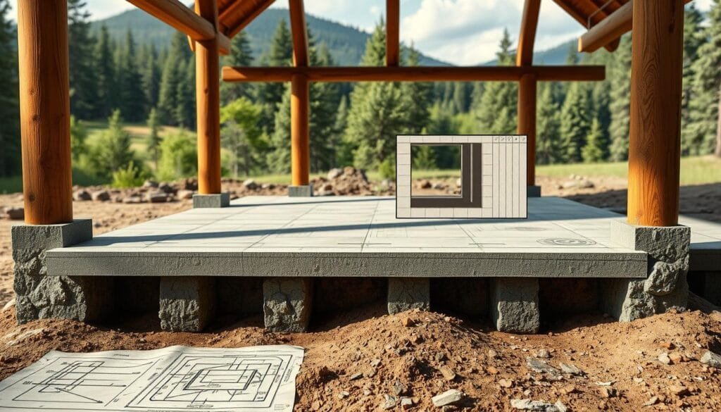Detailed architectural blueprint of a sturdy cabin foundation, showcasing the key structural elements. Precise engineering diagrams depict the subsurface footings, reinforced concrete slab, and load-bearing pillars in the foreground. Midground displays a cutaway view highlighting the depth and reinforcement of the foundation. Background features a natural landscape with lush greenery to set the rustic, outdoorsy context. Crisp, technical rendering style with soft, muted colors and dramatic shadows to convey the importance of a well-designed foundation. Taken from a low-angle perspective to emphasize the strength and stability of the construction.