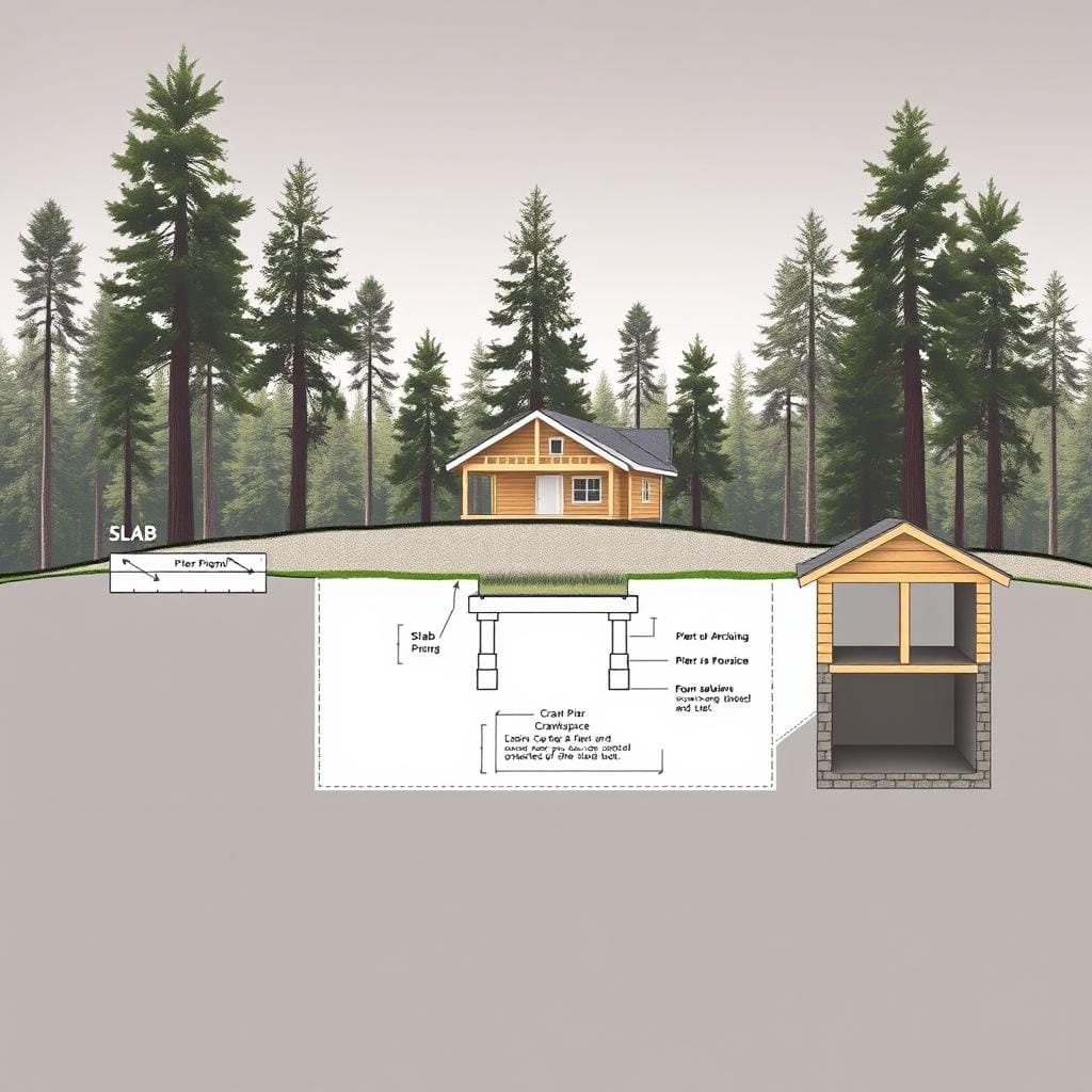 Detailed architectural diagram showcasing various cabin foundation options, rendered in a technical, engineering-inspired style. Prominent in the foreground are three different foundation types - slab, pier, and crawlspace - depicted with precise technical drawings and cross-sectional views. The middle ground features a serene forest landscape with towering pines, creating a natural yet structured setting. Soft directional lighting casts shadows that accentuate the structural elements, conveying a sense of solidity and permanence. The overall mood is one of practical functionality blended with an appreciation for the natural environment, suitable for an informative article on cabin construction.