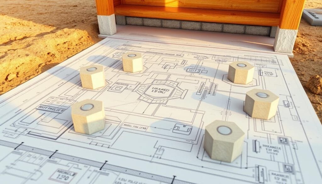 Detailed blueprint of a sturdy cabin foundation, seen from an architectural perspective. Intricate arrangement of reinforced concrete piers, strategically positioned to provide a solid, level base. Sleek, clean design with sharp lines and precise measurements, reflecting innovative structural engineering. Warm, natural lighting illuminates the foundation, casting subtle shadows that highlight the thoughtful construction. The overall scene conveys a sense of stability, durability, and careful planning, suitable for a high-quality, cost-effective building project.